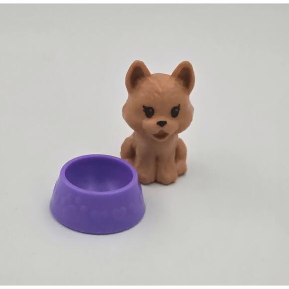 Barbie Club Chelsea Camper Dolls Brown Terrier Puppy Dog with Purple Dog Bowl - Picture 1 of 11